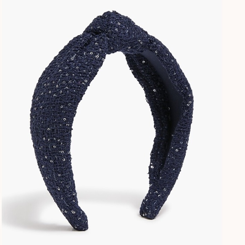 J. CREW Textured Knot Headband Navy Tweed Silver Sequin NEW